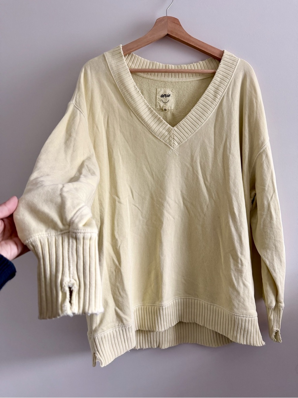 Aerie Oversized Distressed Yellow V-Neck Sweatshirt